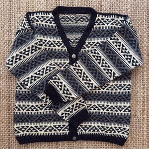 Vintage Black Gray Handmade 
Norwegian Geometric Wool Cardigan